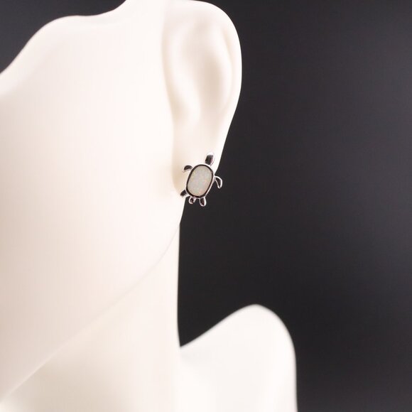 Women's Sterling Silver Jewelry Turtle Stud Fashion Earrings with Opal Accents** - Picture 4 of 12